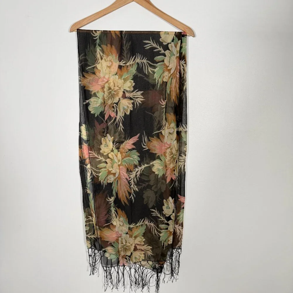 Vintage 90s Maxi Dress Floral Black Beaded Matching Scarf Fairy Feminine M - Picture 13 of 16